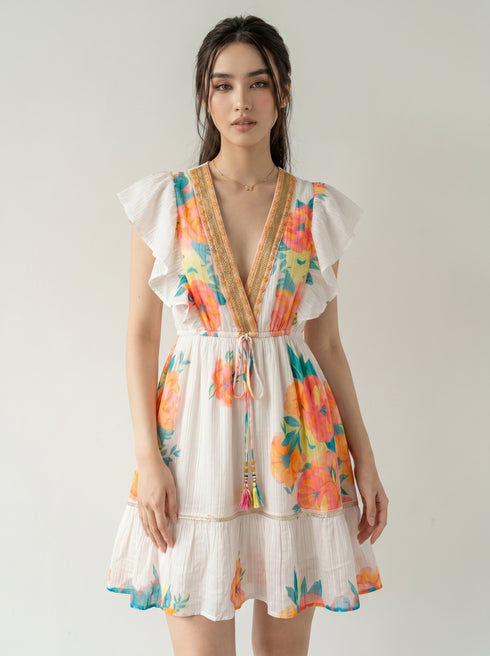 Ivory Floral Ruffle Mini Dress