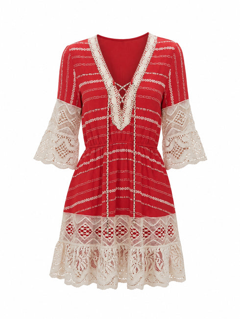 Crochet Lace Bell-Sleeve Mini Dress